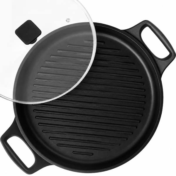 12 in. Cast Aluminum Nonstick Round Grill Pan with Lid for Stovetop and Outdoor Use, Ceramic Coating