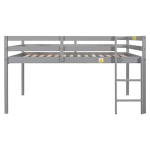 Modern Gray Full Size Low Loft Bed, Wooden Loft Bed Frame with Ladder, Guardrails, No Box Spring Needed