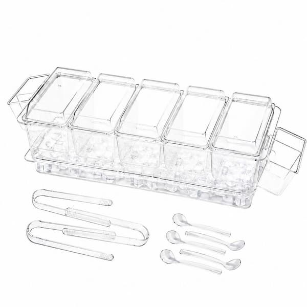 Transparent Polystyrene 5-Container Condiment Server Set with Ice Tray and Hanging Utensil Cups