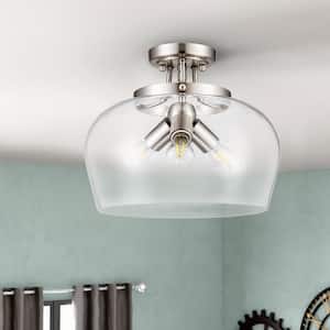 3-Light Blushed Nickel Semi Flush Mount Ceiling Light with Glass Shade