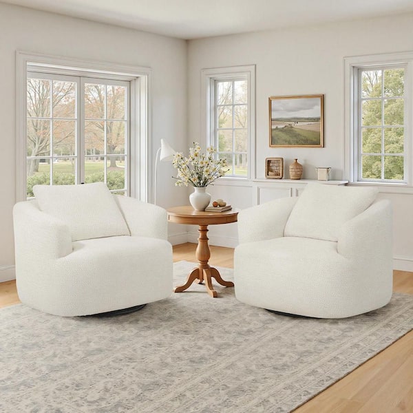 OrangeOne Beige Chenille Fabric Upholstered 360° Swivel Accent Arm Chair Metal Base U-Shaped Swivel Barrel Chair (Set of 2)