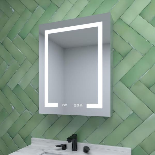 24 in. W x 30 in. H Rectangular Silver Aluminum Recessed/Surface Mount Right Medicine Cabinet with Mirror, LED and Clock