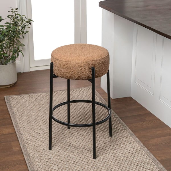 Paola 25.5 in. Modern Minimalist Round Backless Metal/Boucle Cushioned Counter Stool, Brown/Black