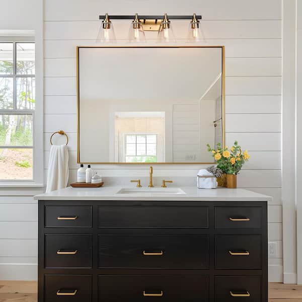 Cucko 30 in. 4-Light Brass Gold Bathroom Vanity Light, Cone Clear Glass Bath Lighting, Modern Black Indoor Wall Sconce