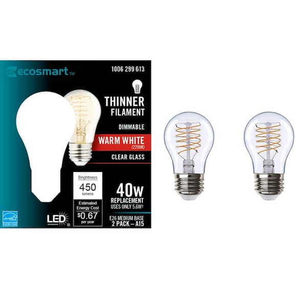 EcoSmart 40-Watt Equivalent A15 Dimmable Fine Bendy Filament LED Vintage Edison Light Bulb Warm White (2-Pack)