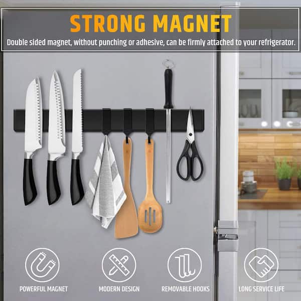 17 in. Stainless Steel Magnetic Knife Holder Matte Black Wall Mount Knife Strip Tool Storage Rack with Hooks