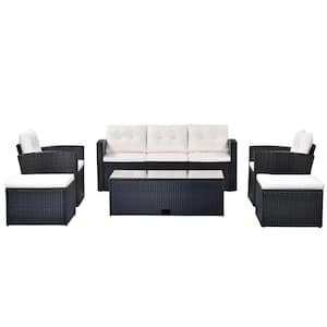 6-Piece Outdoor Patio PE Rattan Conversation Sectional Set with Removable Beige Cushion