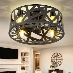 18 in. Indoor Black Farmhouse Caged Ceiling Fan with Light, 4-light Flush Mount Ceiling Fan with Remote