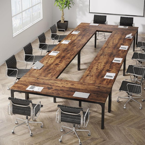 Moroni 78.7 in. Rustic Brown & Black Wood Computer Desk, Rectangular Conference Table Seminar Table for 6-8 People, 6PCS