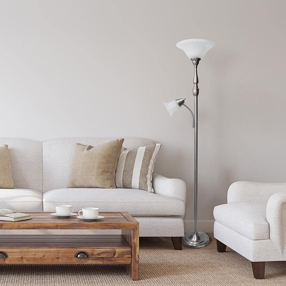 Elegant Brushed Nickel Mother-Daughter Floor Lamp with White Marble Glass