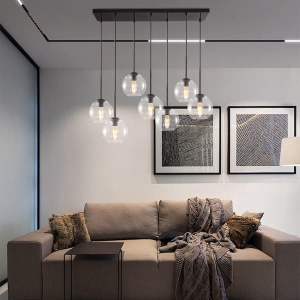 Reverso 7-Light 41.7 in.W Matte Black Waterfall Cluster Rectangler Large Modern Chandelier with 2-Size Globe Clear Glass