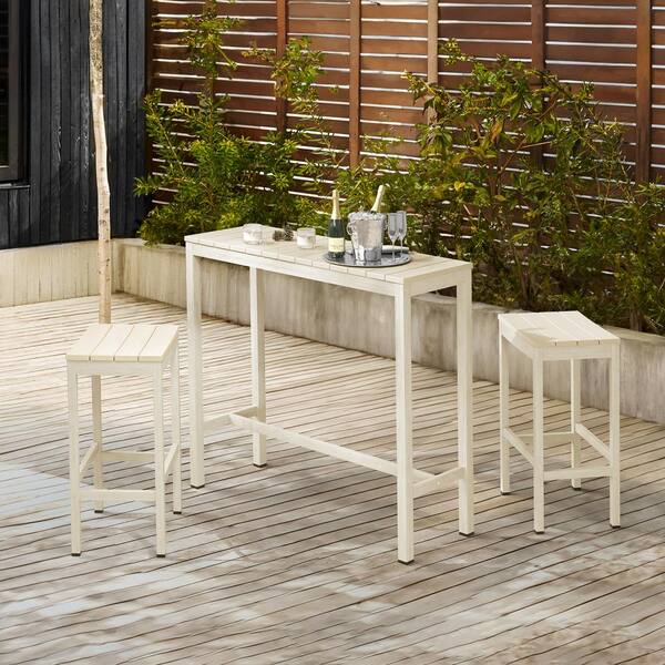 LUE BONA Humphrey 3 Piece 45 in. Cream Alu Outdoor Patio Dining Set Pub Height Bar Table Plastic Top With Bar Stools For Balcony