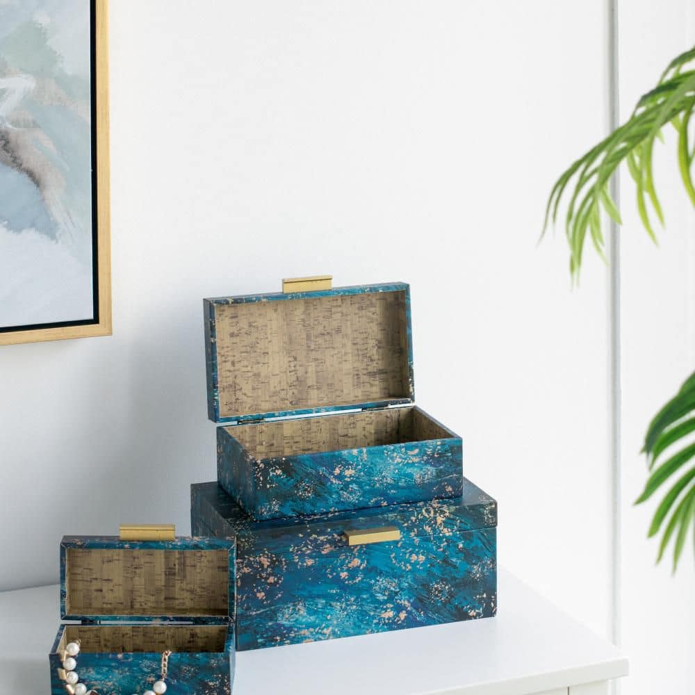 Set of 3 Rustic Blue Rectangular Wooden Decorative Boxes
