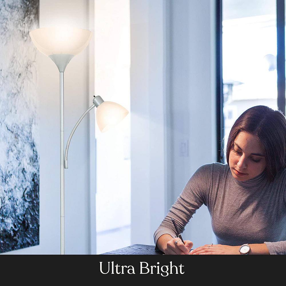 Platinum Silver Adjustable LED Torchiere Floor Lamp with Reading Light