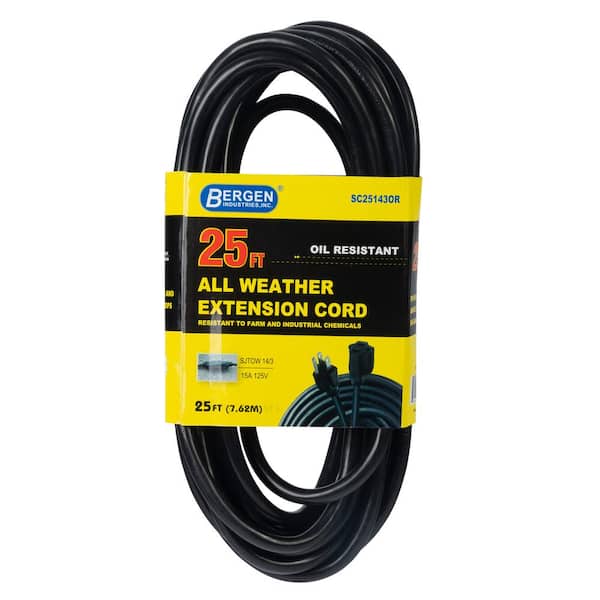 Bergen Industries 25 ft. 14/3 SJTOW 15 Amp/125-Volt All Weather Farm and Shop Extension Cord in Black