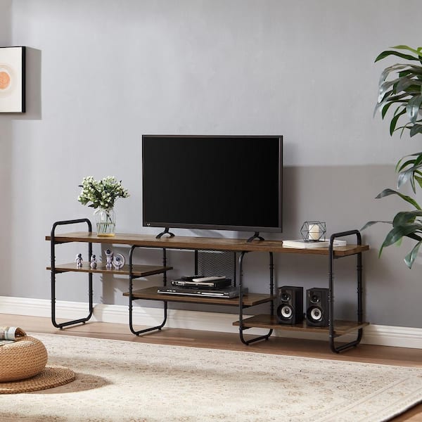 VECELO Industrial Television Stand for 75 in. TV Entertainment Center/Media Console Table with Open Storage Shelves, Brown