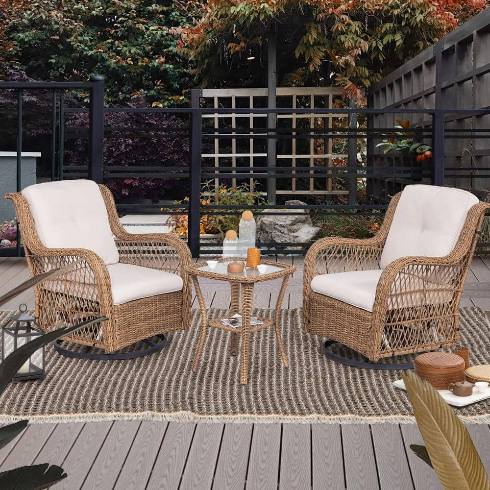 Yellow 3-Piece Wicker Swivel Outdoor Rocking Chair with Premium, Soft ...