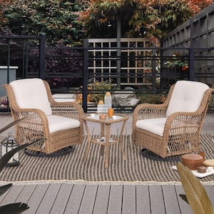 Yellow 3-Piece Wicker Swivel Outdoor Rocking Chair with Premium, Soft Fabric, Beige Cushions and Matching Side Table
