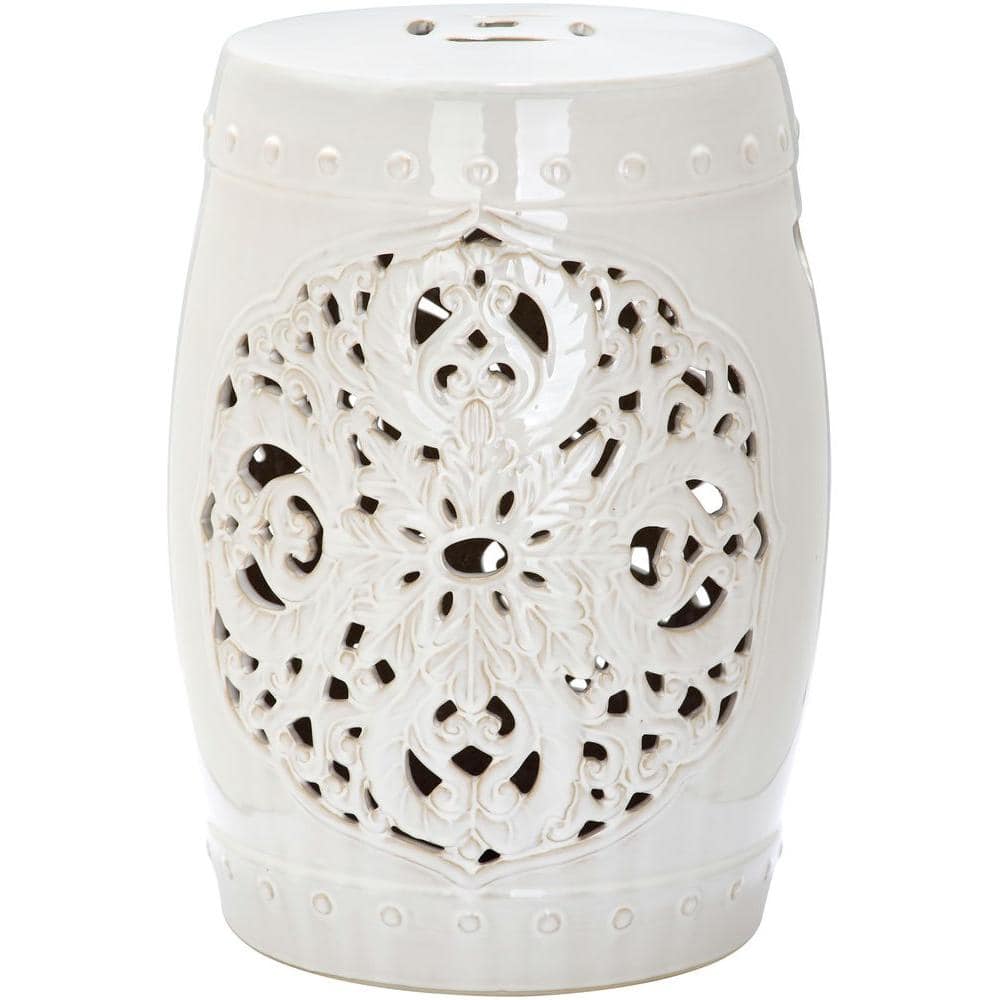 Flora White Glazed Ceramic Garden Stool with Leaf Motif