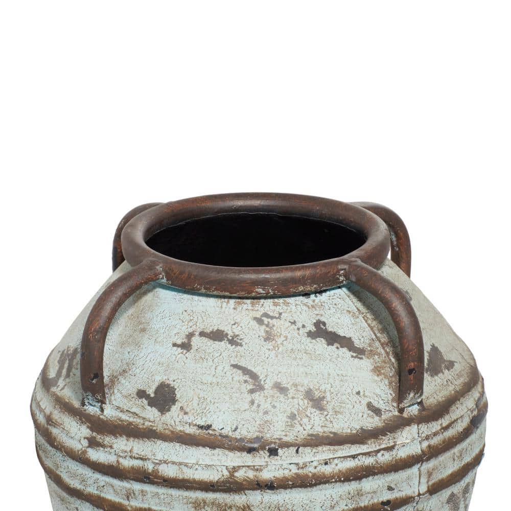Distressed Blue Metal Amphora Vases with Handles, Set of 3