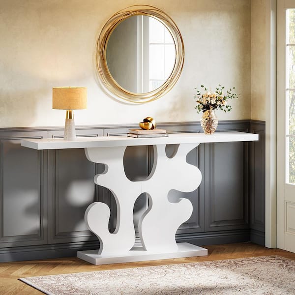 BYBLIGHT Turrella 55.12 in. White Rectangle Wood Console Table with an Geometric Base