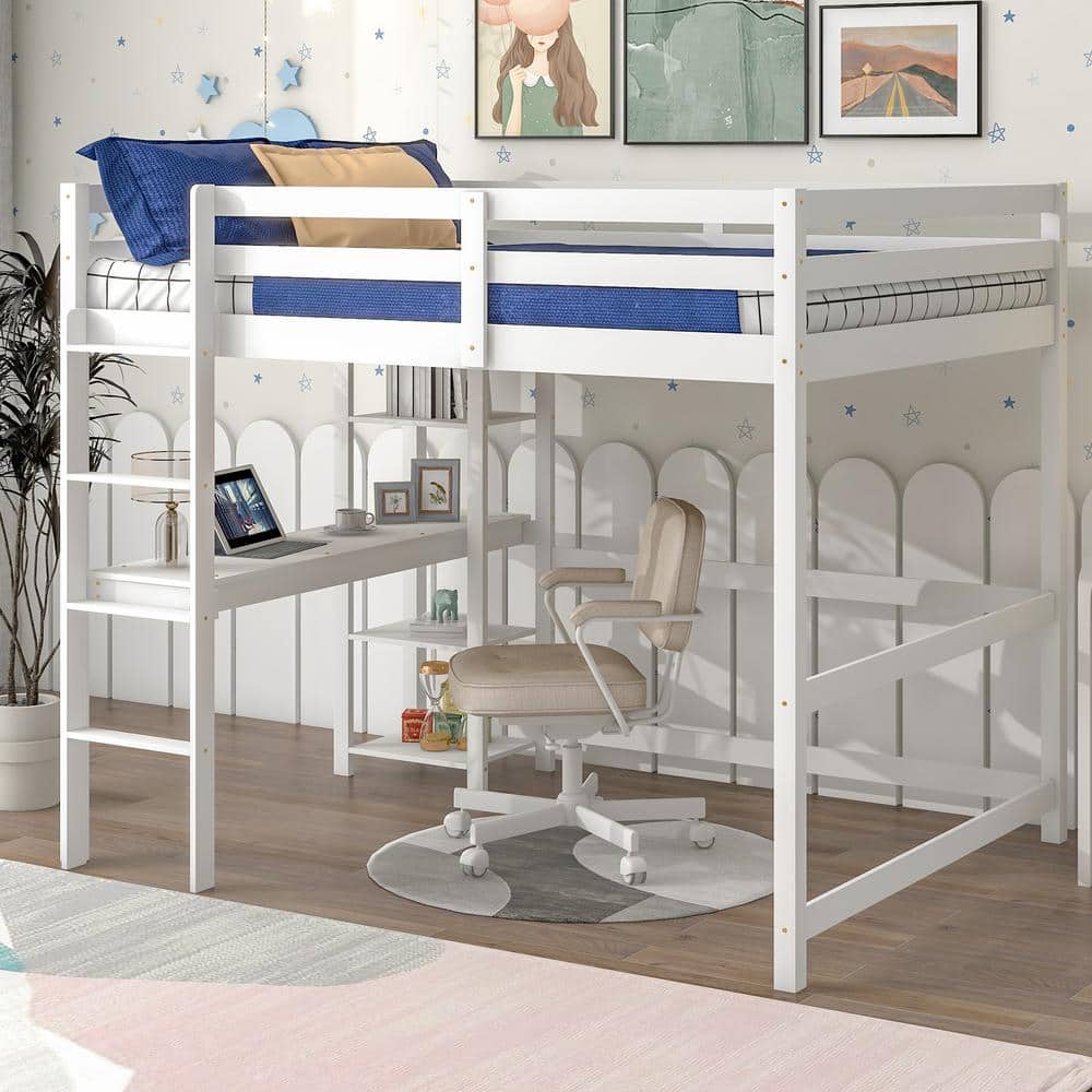 URTR Full Size Wood White Loft Bed with Desk, Full Size Loft Beds with