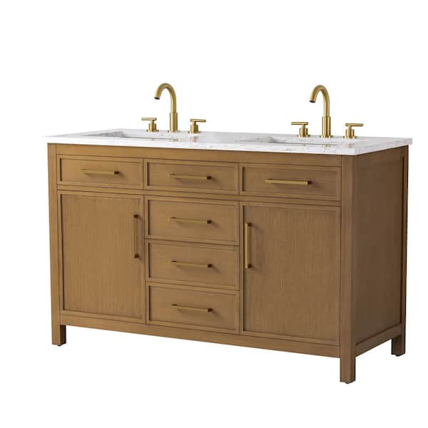 Logan 54 in. W Bath Vanity in Caramel with Engineered Stone Top in Carrara White with White Sinks
