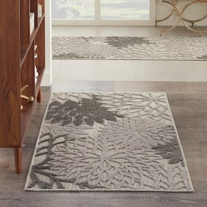 Aloha Silver Grey 3 ft. x 5 ft. Floral Contemporary Indoor Outdoor Kitchen Area Rug