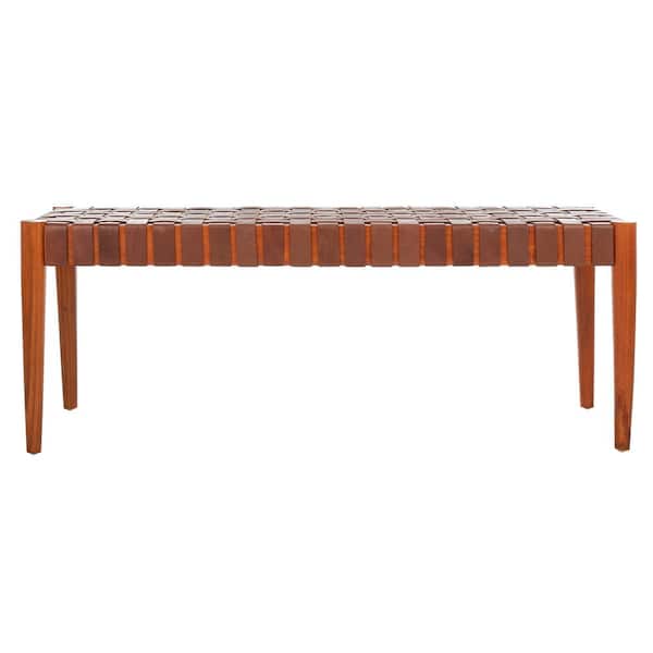 SAFAVIEH Amalia 18 in. H x 47 in. W x 16 in. D Cognac Leather/Dark Brown Weaved Bench