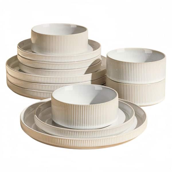 12 Pieces Reactive White Ceramic Dinnerware Porcelain Lightweight Plates and Bowls Sets Scratch Resistant, Service for 4