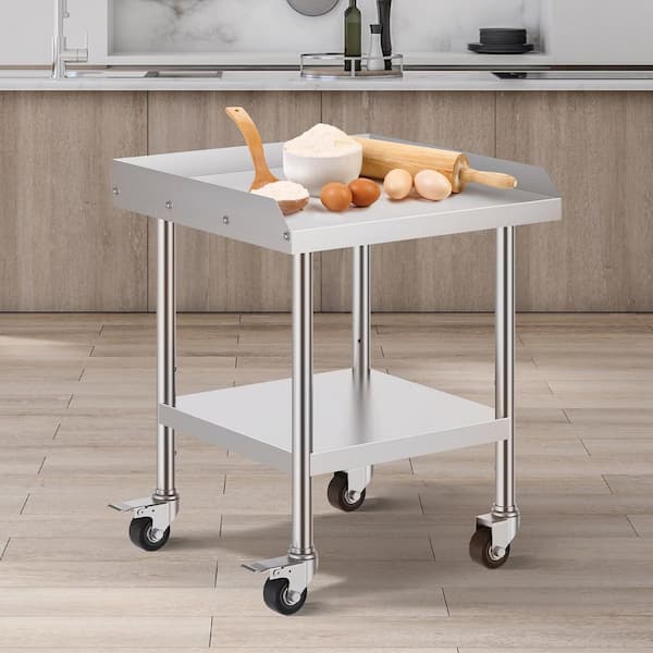 Stainless Steel Work Table, 24 x 24 x 30 In. Silver Commercial Food Prep Worktable with 4 Wheels, Casters, 3-Sided