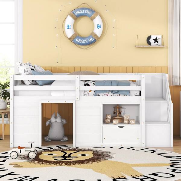 Harper & Bright Designs White Twin Size Wood Low Loft Bed with