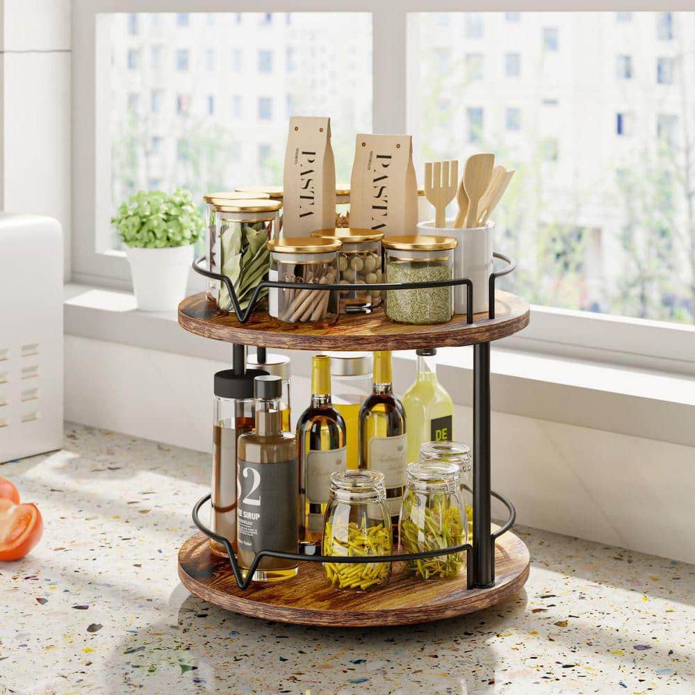 JFVKAF Rustic Brown 2 Tier Rotating Wood Organizer Drawer Organizer ...