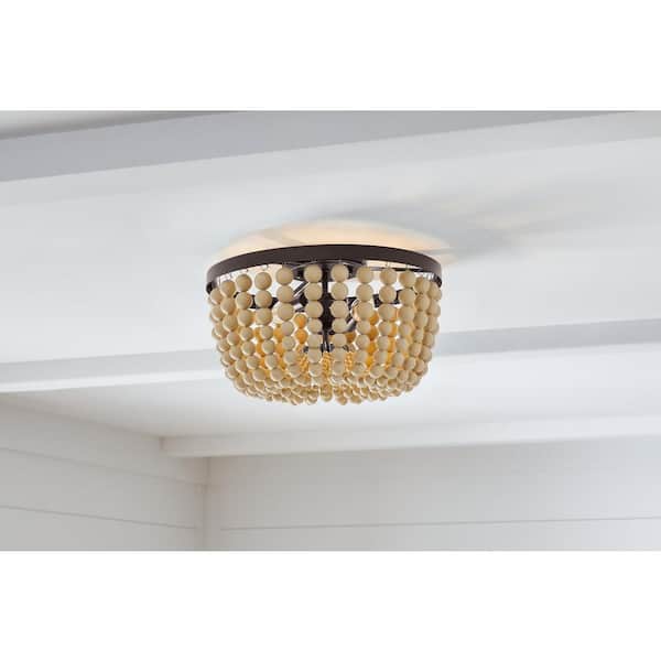 Cayman 13 in. 2-Light Bronze and Faux Wood Beaded Flush Mount Ceiling Light Fixture with Beaded Shade