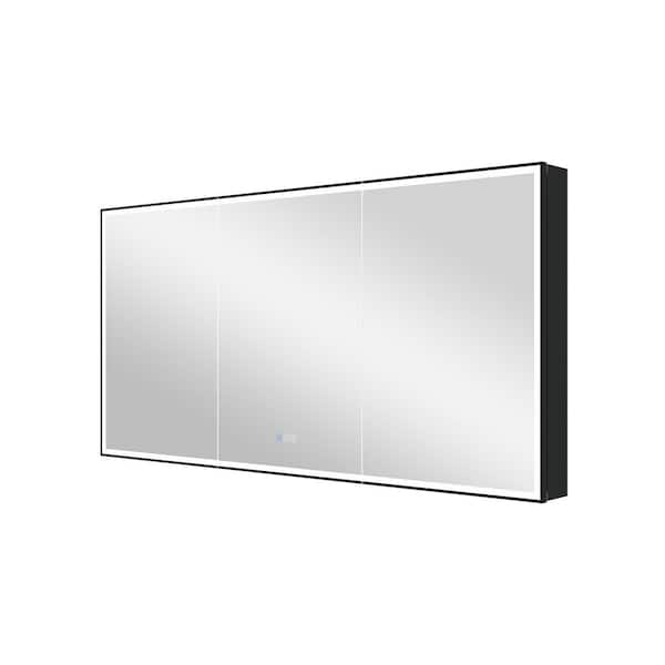 60 in. W x 30 in. H Rectangular Black Aluminum Recessed/Surface Mount LED Medicine Cabinet w/ Mirror, Outlet, Soft Close