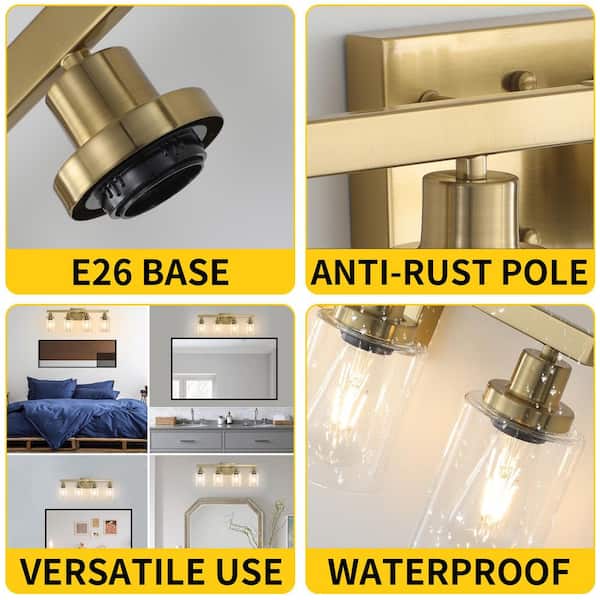 24 in. 4-Light Golden Vanity Lights, Wall Sconces with Clear Glass Shades, Bathroom Fixture, Bulbs Not Included