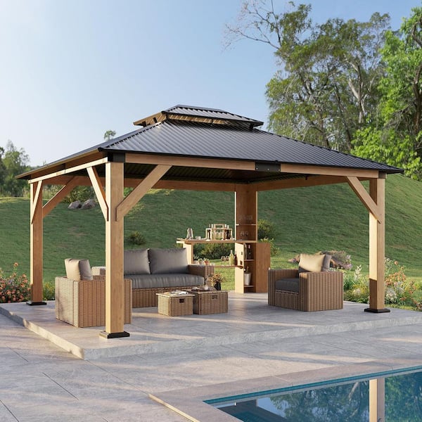 13 ft. x 15 ft. Hardtop Double Roof Solid Wood Gazebo with Storage Bar Counter, Dark Gray