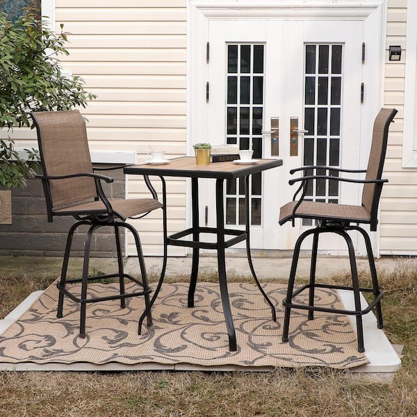 Black 3-Piece Metal Square Outdoor Patio Bar Set with Wood-Look Bar Table and Swivel Bistro Chairs