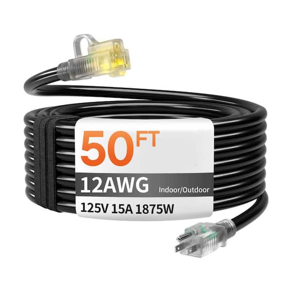 50 ft. 12/3 Heavy Duty Outdoor Extension Cord with Lighted End, Black, 15Amp 1875W, SJTW, ETL Listed