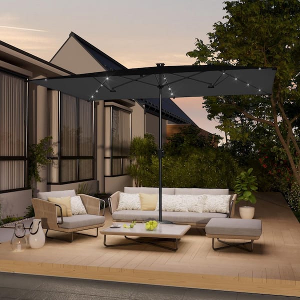 JOYESERY 10 x 6.5 ft. Steel Solar-powered Large Double-Sided Rectangular Outdoor Market Patio Umbrella with Crank in Black