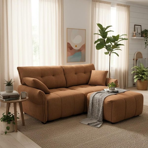 Homy Casa YOYO 78.7 in. Rolled Arm Chenille 3-Seater L-Shaped Tufted Sectional Sofa with Ottoman and Deep Seats in Cognac Orange
