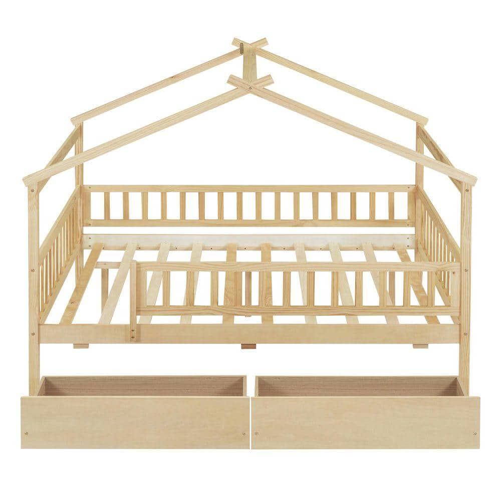 Frontal view of the Nestfair Natural Brown Wood Frame Full Platform Bed with open drawers.