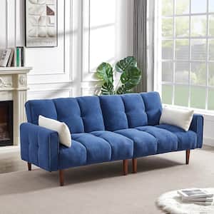 81.1 in. Modern Square Arm Linen Upholstered Convertible Sectional Sofa Bed in Blue With 2-Pillows And Wood Leg