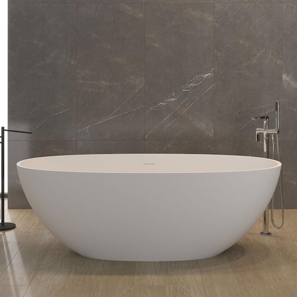 Opvande 65 in. x 29.5 in. Freestanding Soaking Solid Surface Bathtub with Center Drain in Matte White