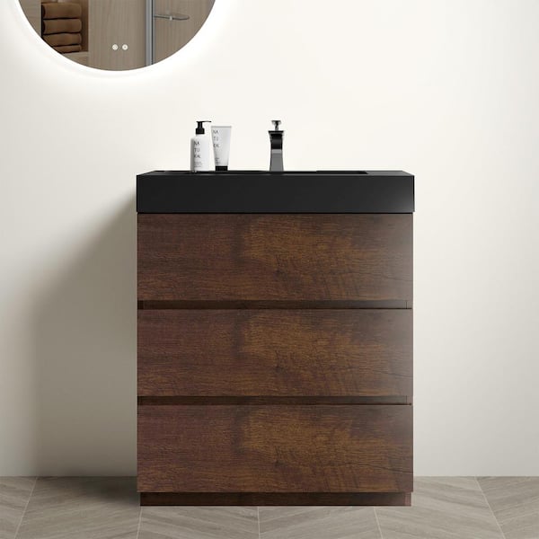 INSTER NOBLE 30 in. W x 18 in. D x 37 in. H Single Sink Freestanding Bath Vanity in Wood with Black Solid Surface Integral Top