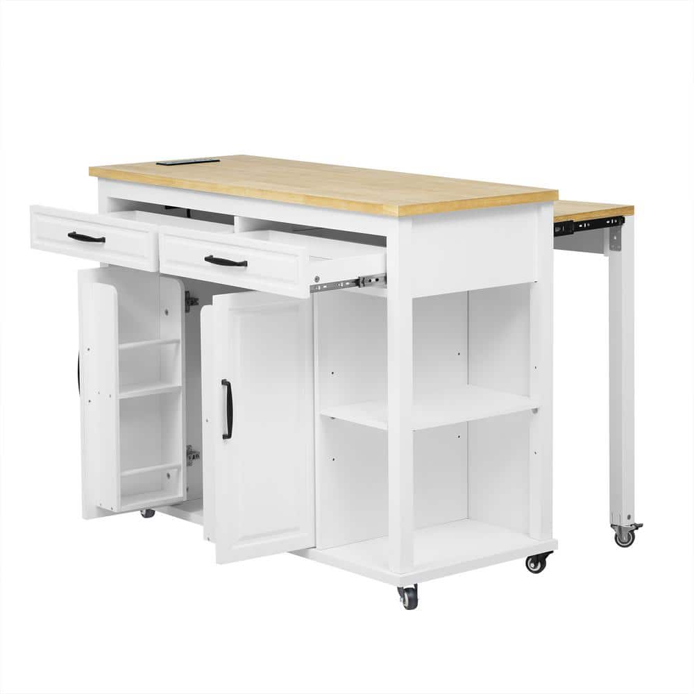 White Rubber Wood 47 in. Kitchen Island on 6 Wheels with 2 Drawers, 2 Cabin