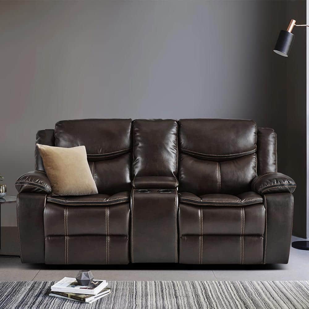 Austin 78.5 in. W Brown Faux Leather Double Glider Reclining Loveseat with 