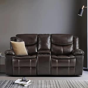 Austin 78.5 in. W Brown Faux Leather Double Glider Reclining Loveseat with Center Console