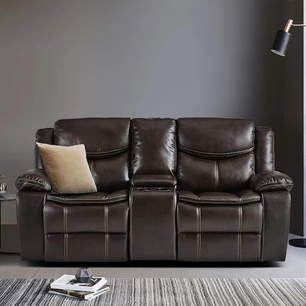 Austin 78.5 in. W Brown Faux Leather Double Glider Reclining Loveseat with Center Console
