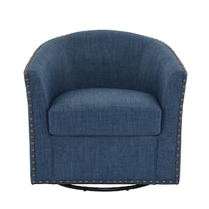 Comfy Blue Linen Nailhead Trim Upholstered Swivel Barrel Arm Chair With Metal Base(Set of 1)